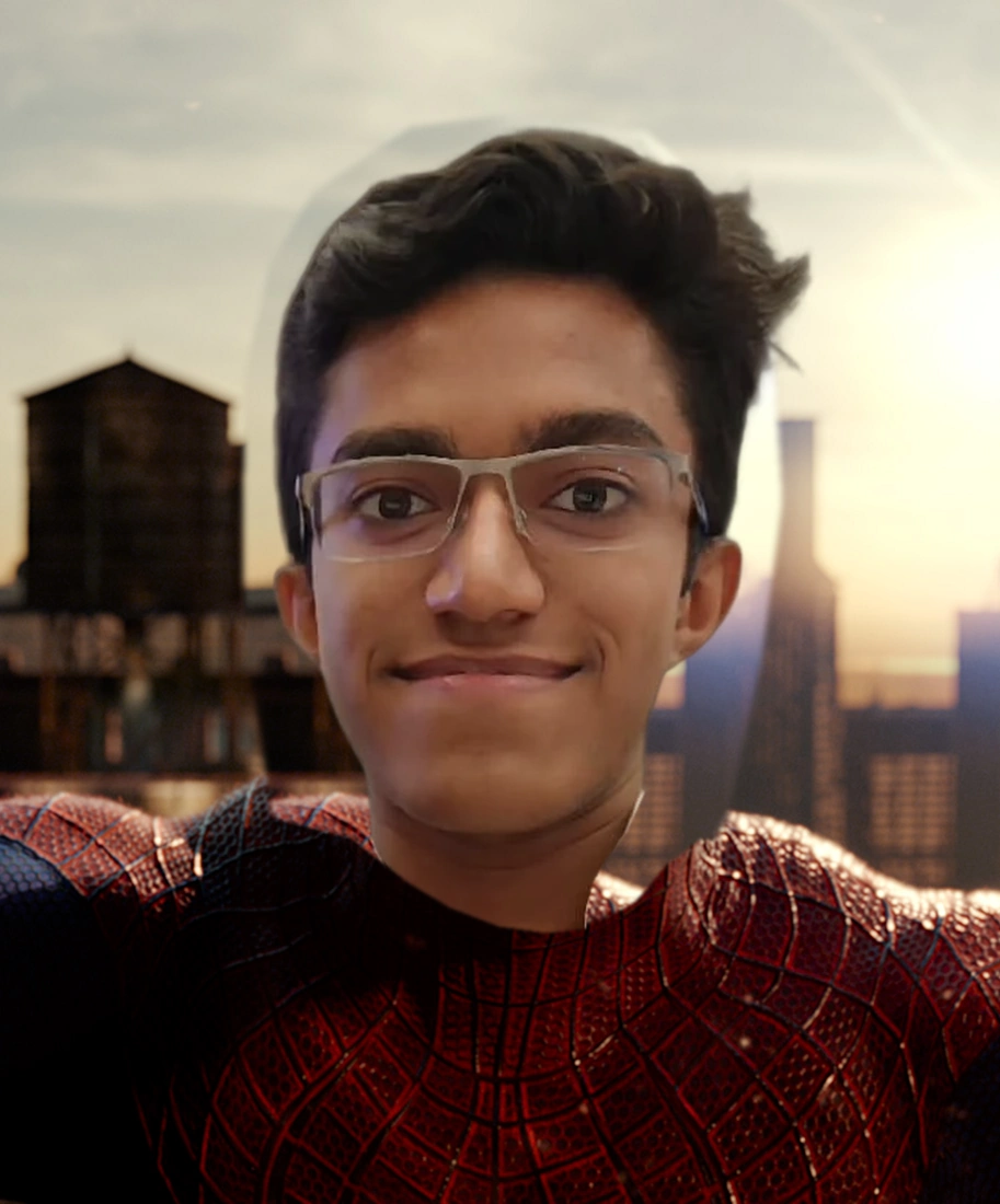 Benosh Benoy in a Spider-Man suit, with his face and neck fully unmasked