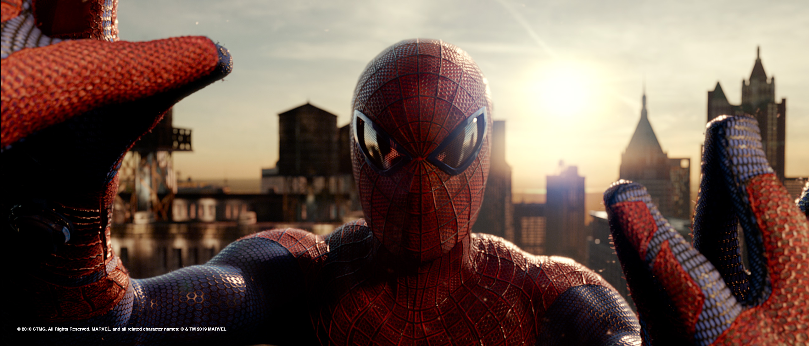 Spider-Man suit over a New York rooftop